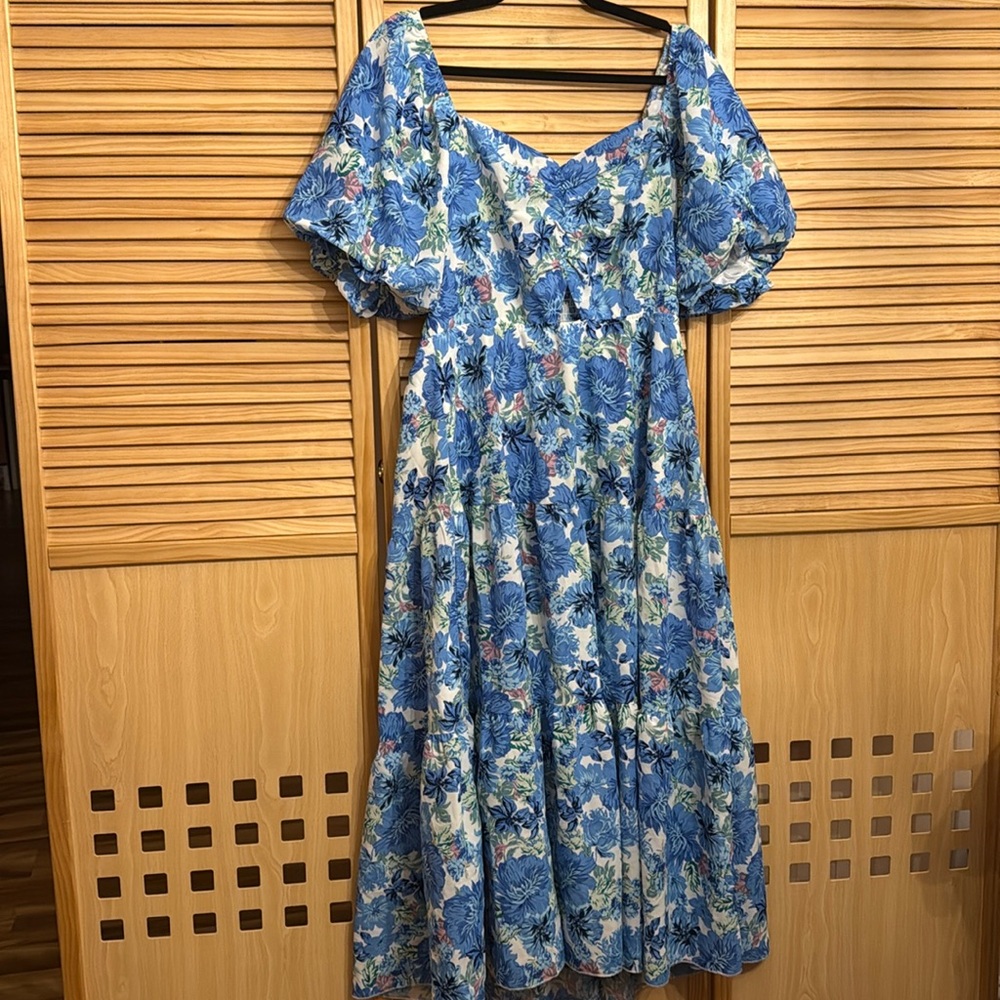BTFBM Bright Blue Puff Sleeve Keyhole Dress